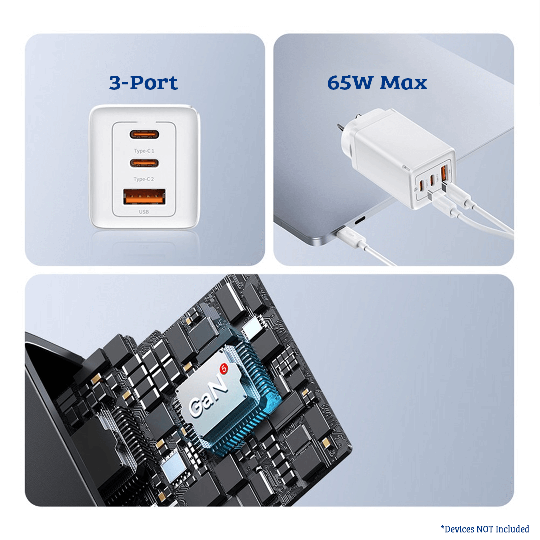 65W Fast Charger with 2 USB-C Ports, 1 USB Port - Moon White