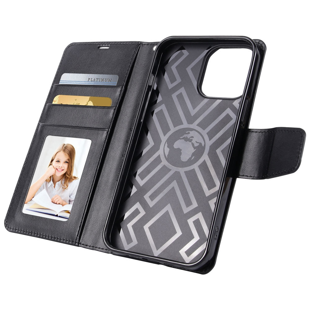 Hanman PU Flip Leather Wallet Cover Case for iPhone 14 Pro - Black