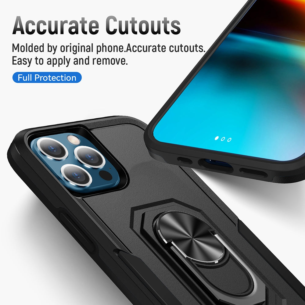 Dual Layer Shockproof Case Cover With Metal Ring Holder for iPhone 13 Pro - Black