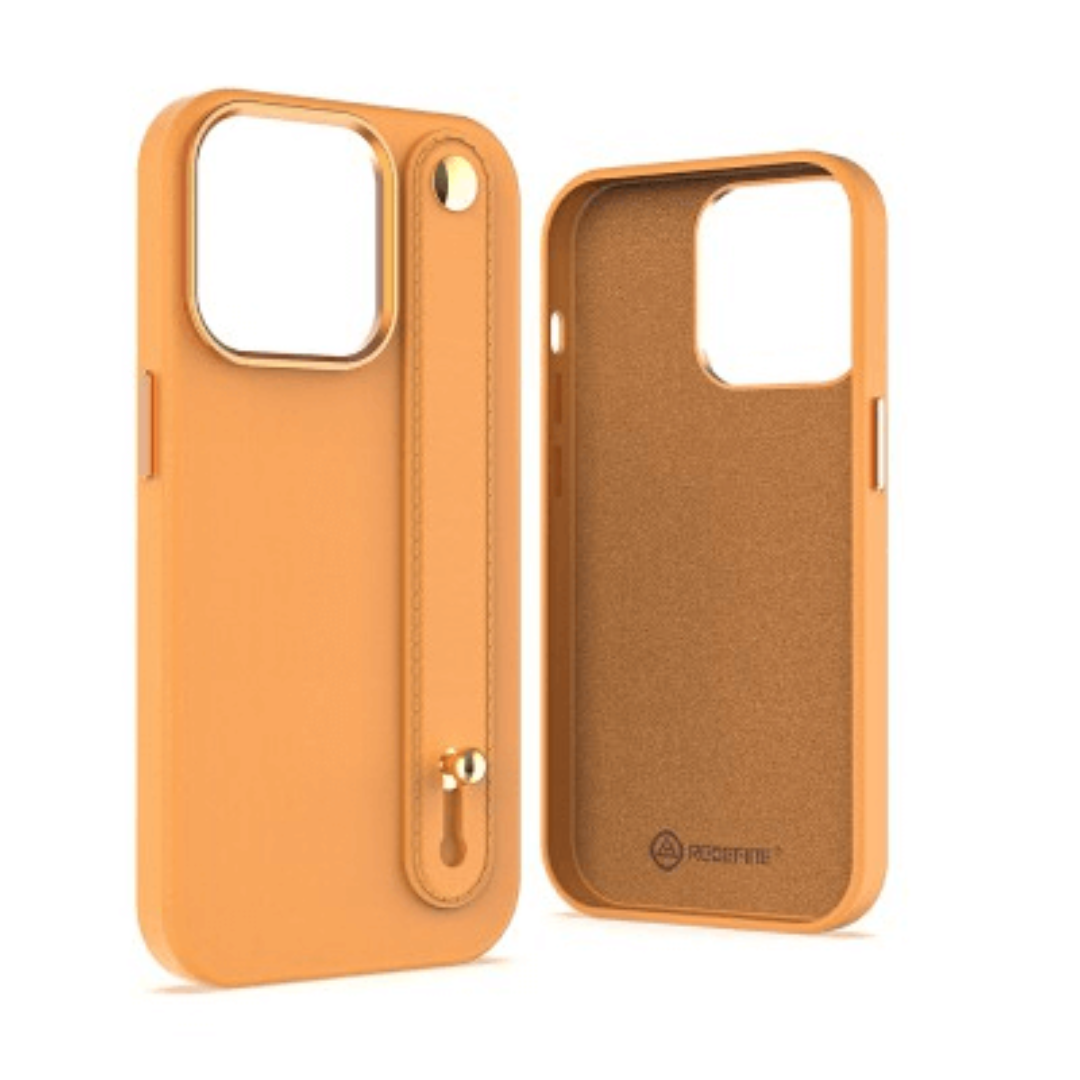 iPhone 14 Compatible Case Cover With Hand Belt And Metal Camera Lens - Golden Brown