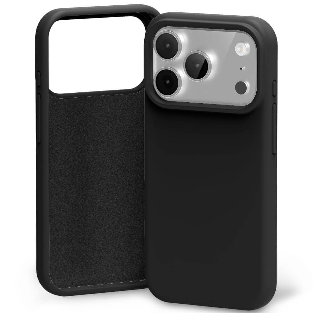 Black silicone case with microfibre lining for iPhone 17 Pro Max front view, back view, side view