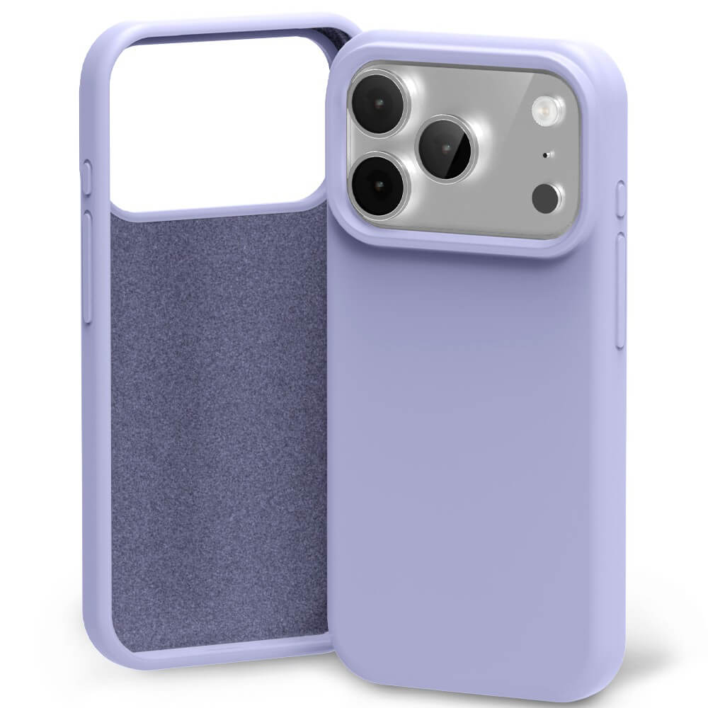 Lavender grey silicone case front, back, side view iPhone 17 Pro Max