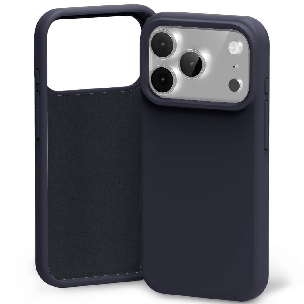Navy silicone case with microfibre lining iPhone 17 Pro Max front, back, side views