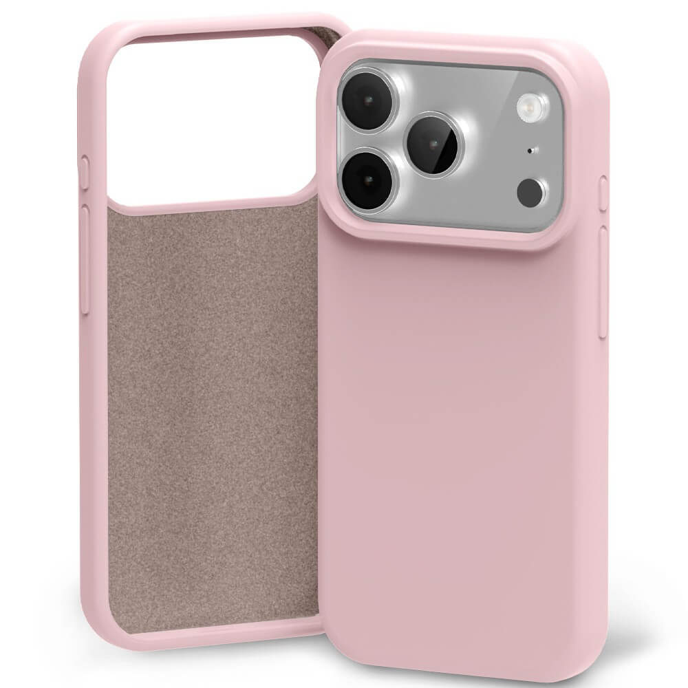 Pink sand silicone case with microfibre lining for iPhone 17 Pro Max front view, back view, side view