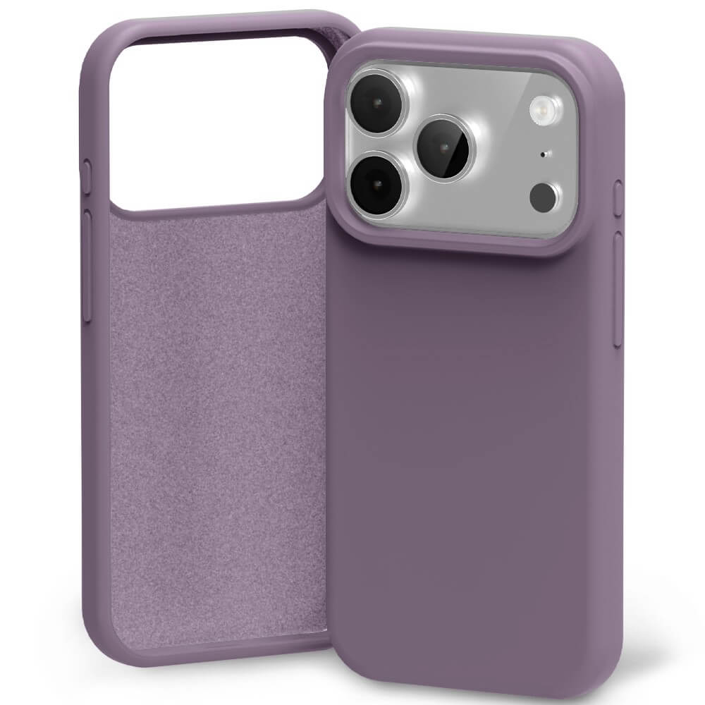 Purple silicone case with microfibre lining iPhone 17 Pro Max front, back, side views