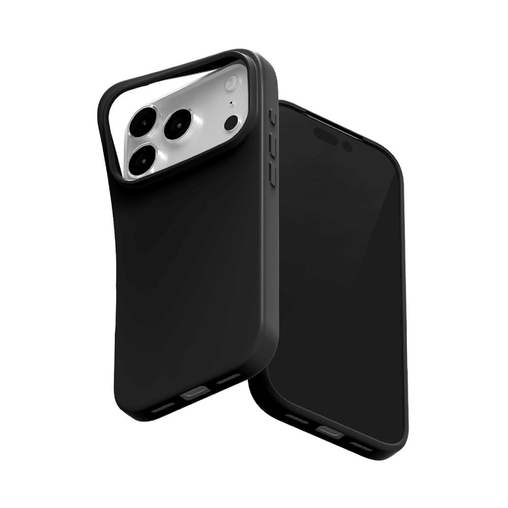 Black iPhone 17 Pro Max jelly silicone case front, side and back views