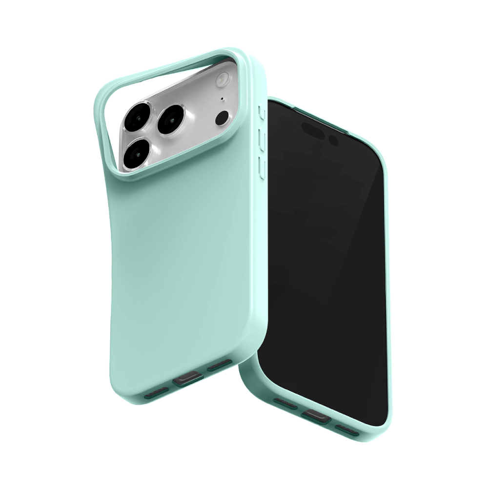 Mint iPhone 17 Pro Max silicone jelly case front, back, and edge views