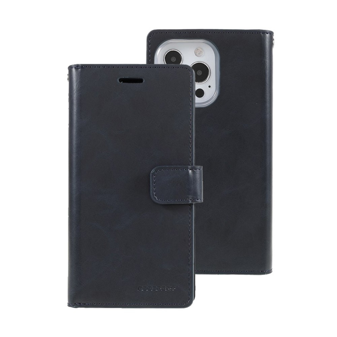 iPhone 14 Flip Wallet Case Cover with Metal Snap-On Fastener - PU Leather & TPU Featuring Front Cover, Multiple Card Holder Slots & Shock Resistance - Navy&Mint