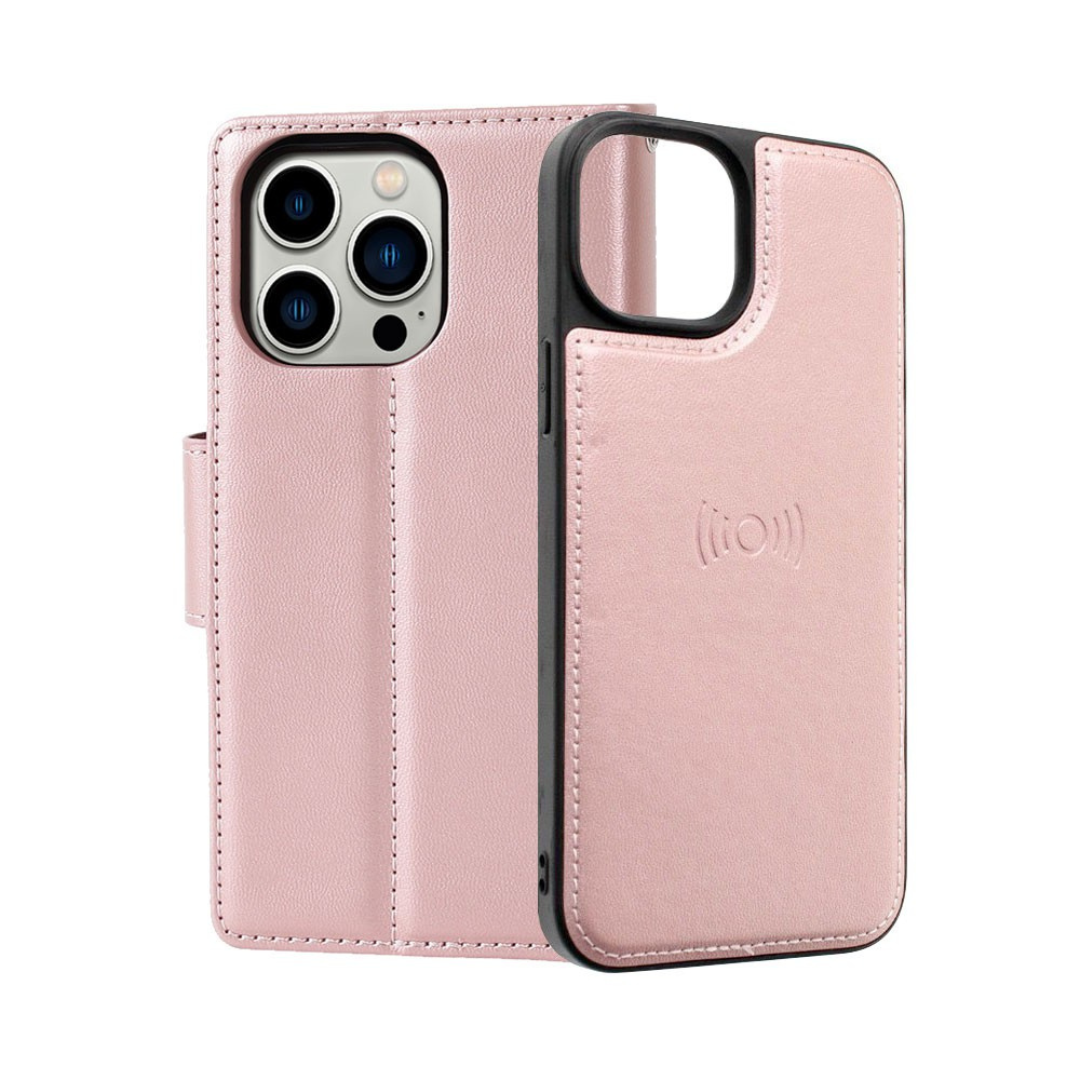 iPhone 14 Pro Magnetic Flip Wallet Case Cover with Drop-Resistant PU Leather, Multiple Card Holder Slots & Secure Front Screen Cover - Rose Gold