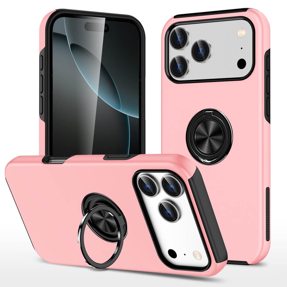 Pink iPhone 17 Pro Max magnetic ring case with kickstand and shockproof drop protection – front and back angle