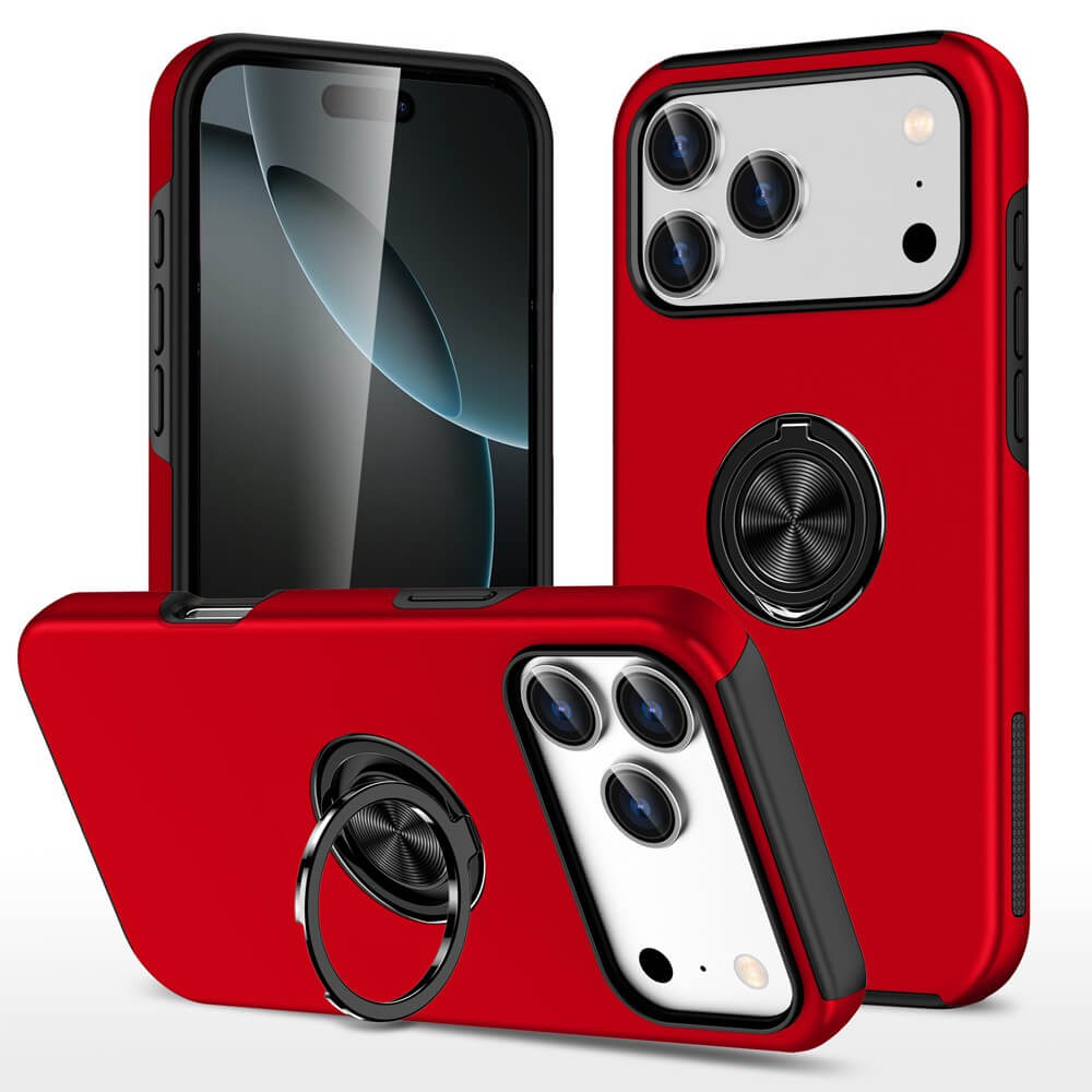 Red iPhone 17 Pro Max magnetic ring shockproof case with stand – front, back and angled view