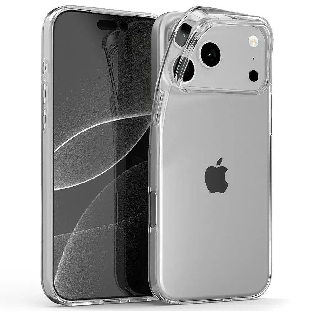 Ultra-thin transparent clear pearl jelly case cover for iPhone 17 Pro Max – front and back view with wireless charging compatibility.