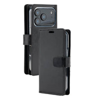 Thumbnail for Black PU leather wallet folio case for iPhone 17 Pro Max with 9 card slots and snap closure