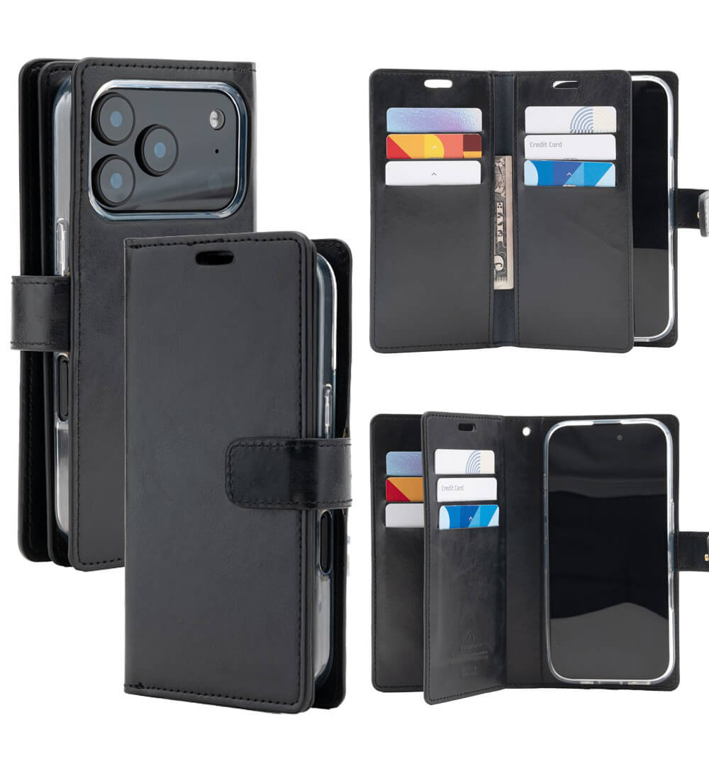 iPhone 17 Pro Max Wallet Folio Diary Case Black – 9 Card Slots (Premium PU Leather)