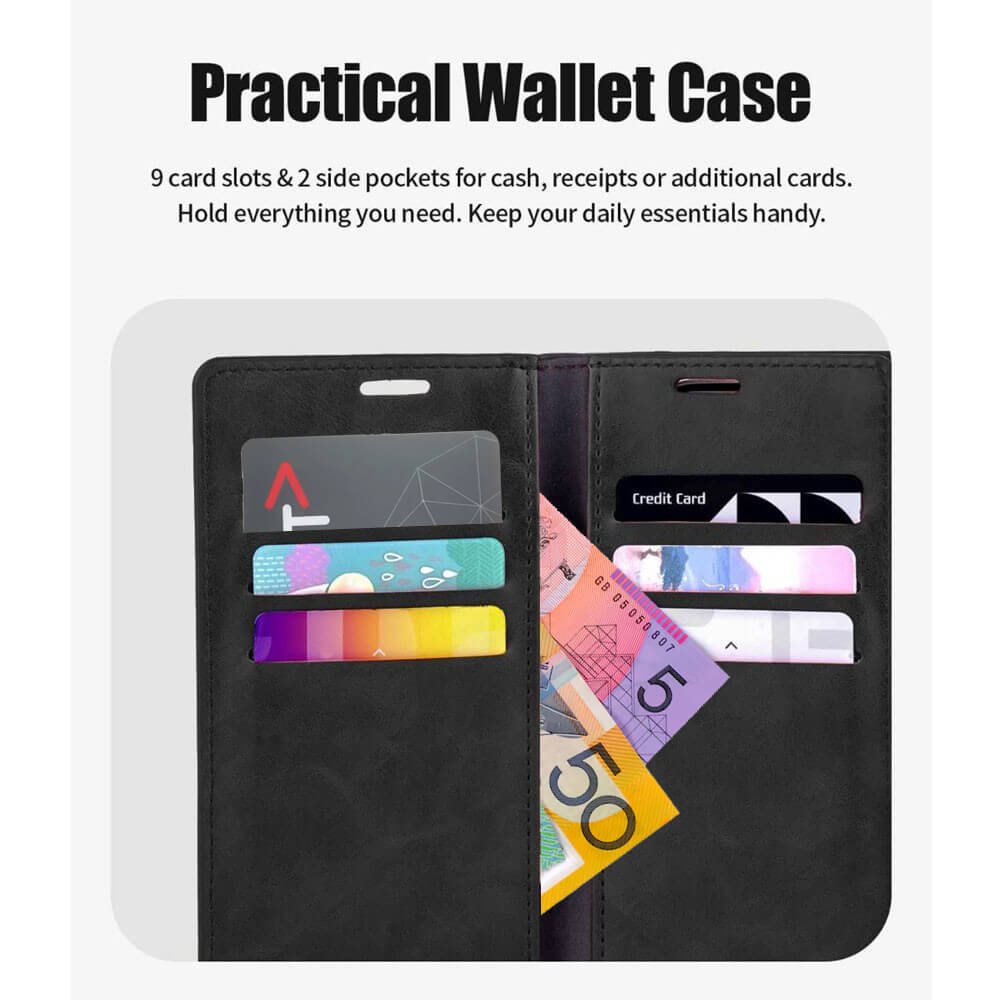 iPhone 17 Pro Max Wallet Folio Diary Case Black – 9 Card Slots (Premium PU Leather)