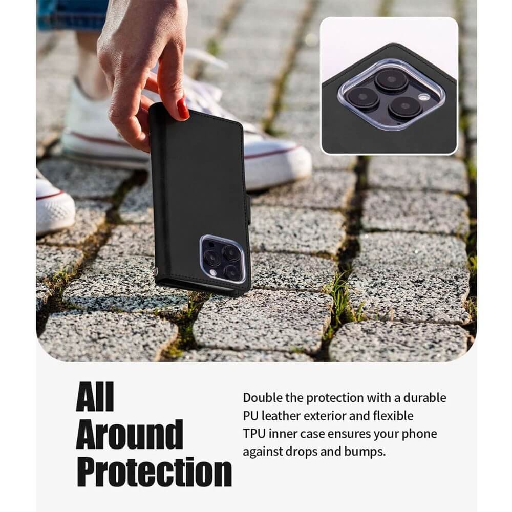 iPhone 17 Pro Max Wallet Folio Diary Case Black – 9 Card Slots (Premium PU Leather)