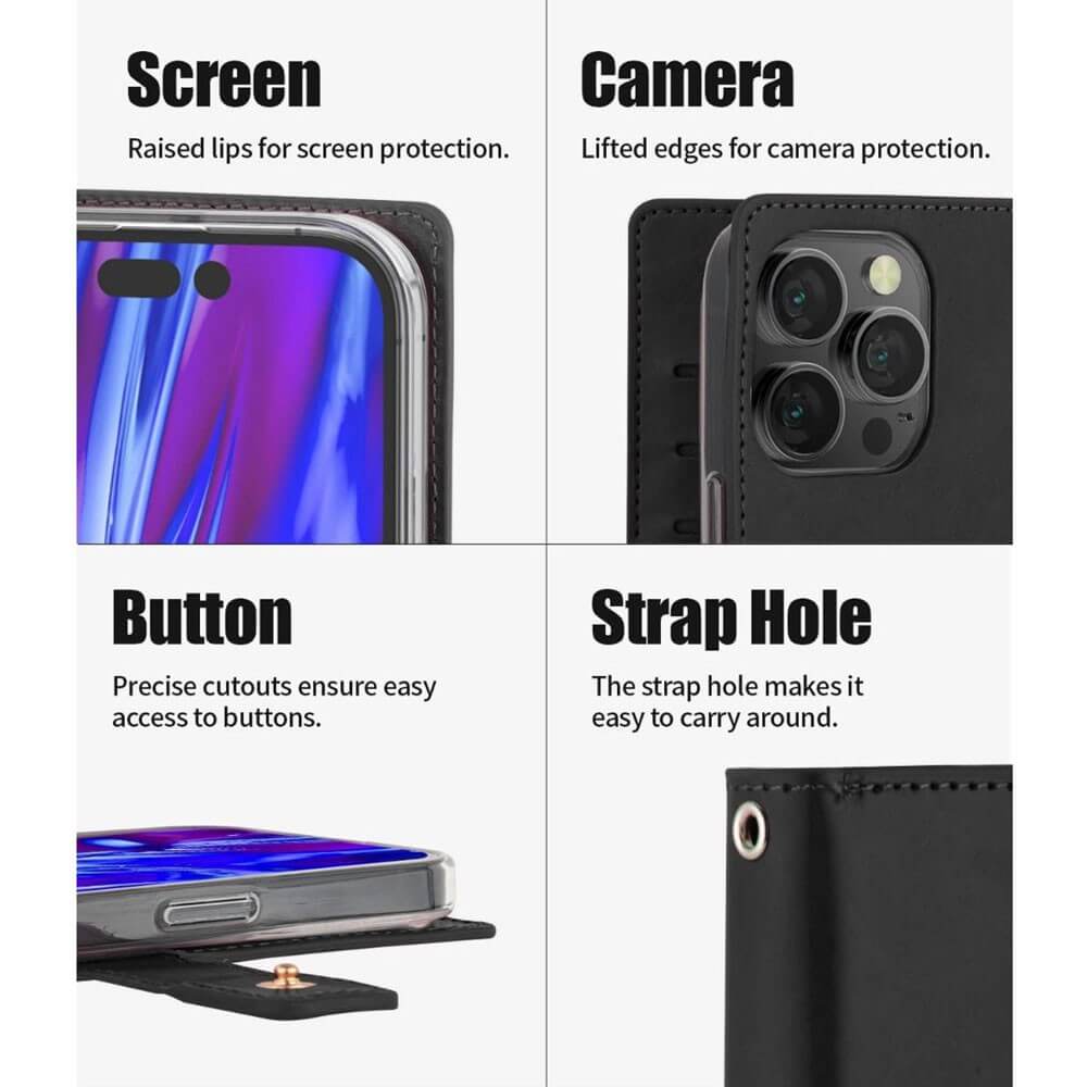 iPhone 17 Pro Max Wallet Folio Diary Case Black – 9 Card Slots (Premium PU Leather)