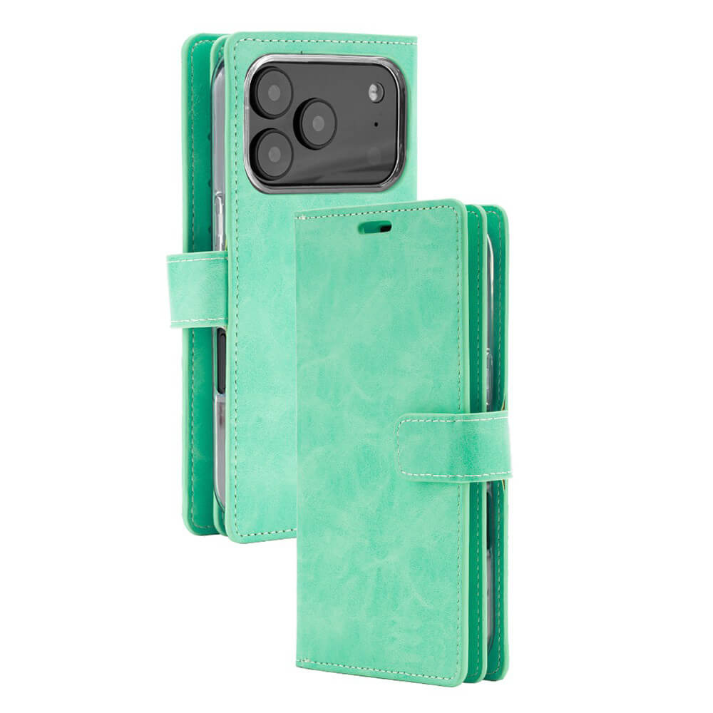 Mint wallet folio diary case for iPhone 17 Pro Max with 9 card slots – PU leather front and back