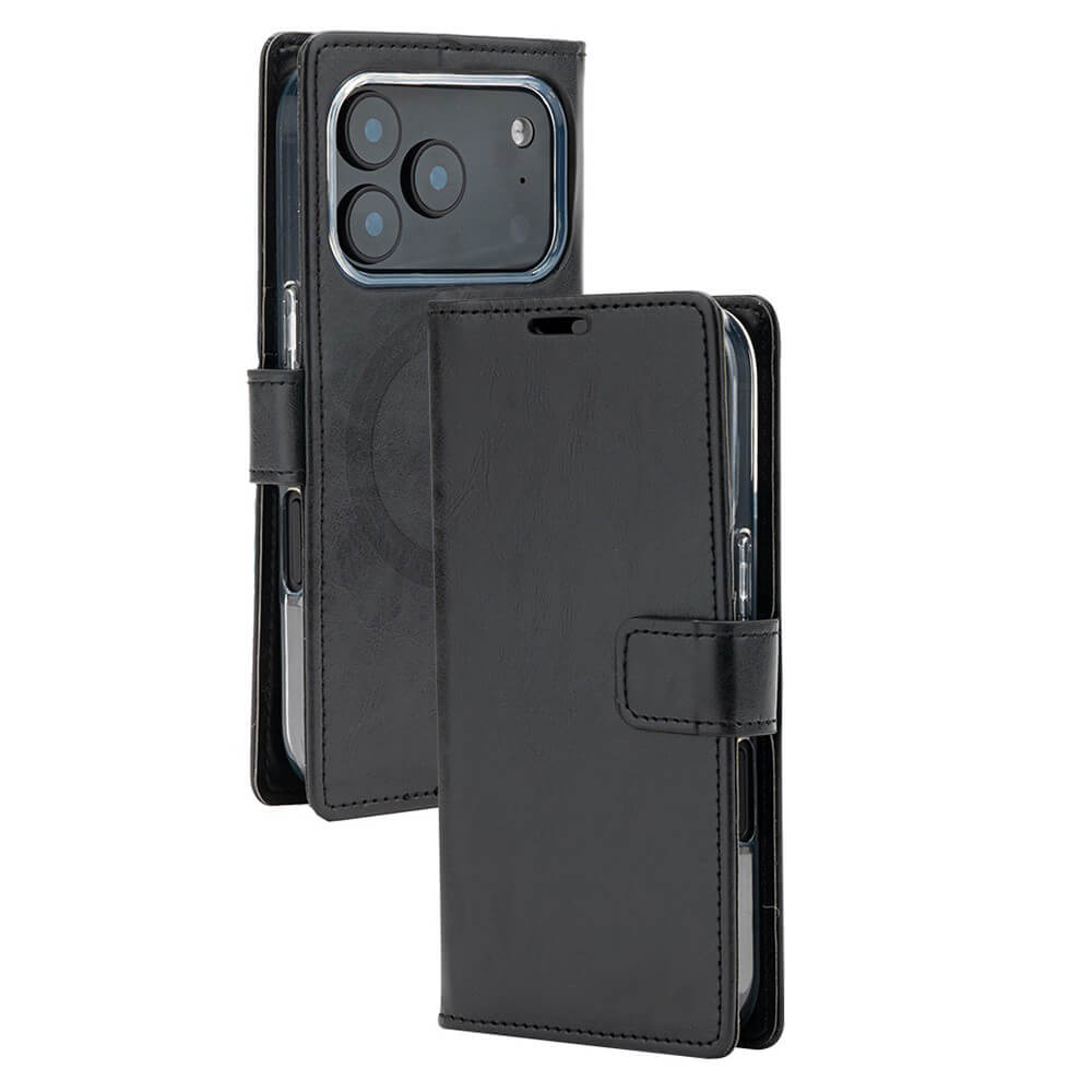 Black iPhone 17 Pro Max wallet folio diary case with MagSafe Compatibility and card holder – front and back view