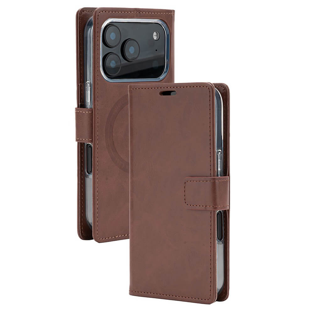 Brown iPhone 17 Pro Max wallet folio case with card holder and MagSafe Compatibility – open and closed view
