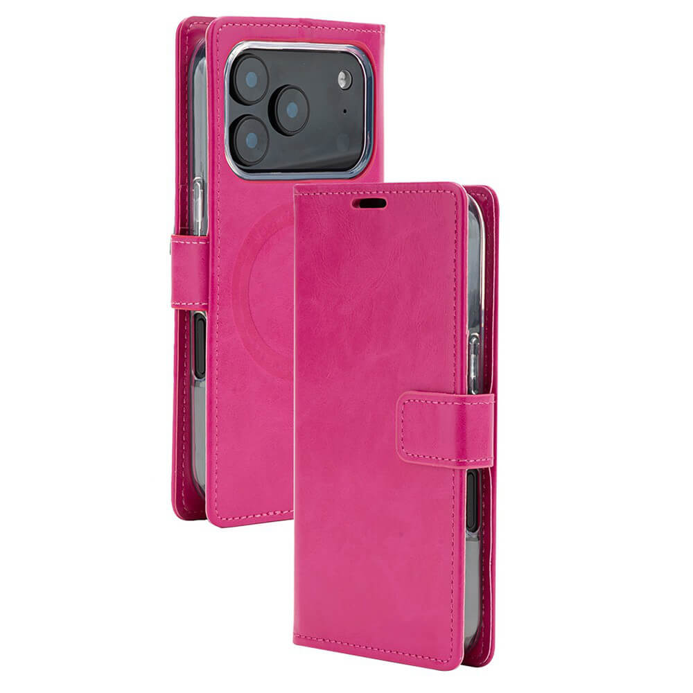 Hot Pink iPhone 17 Pro Max wallet folio case with MagSafe Compatibility and card slots