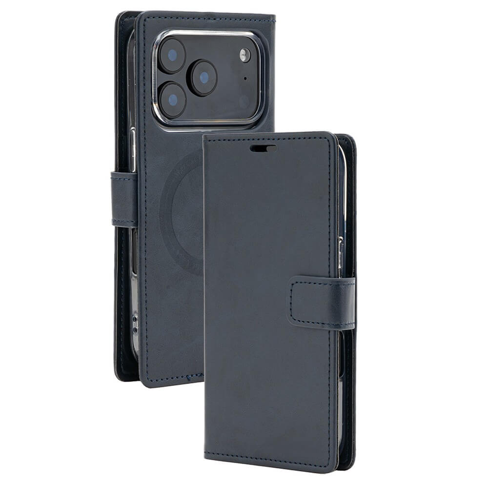 Navy iPhone 17 Pro Max wallet folio diary case with card slots and MagSafe Compatibility – full closed view