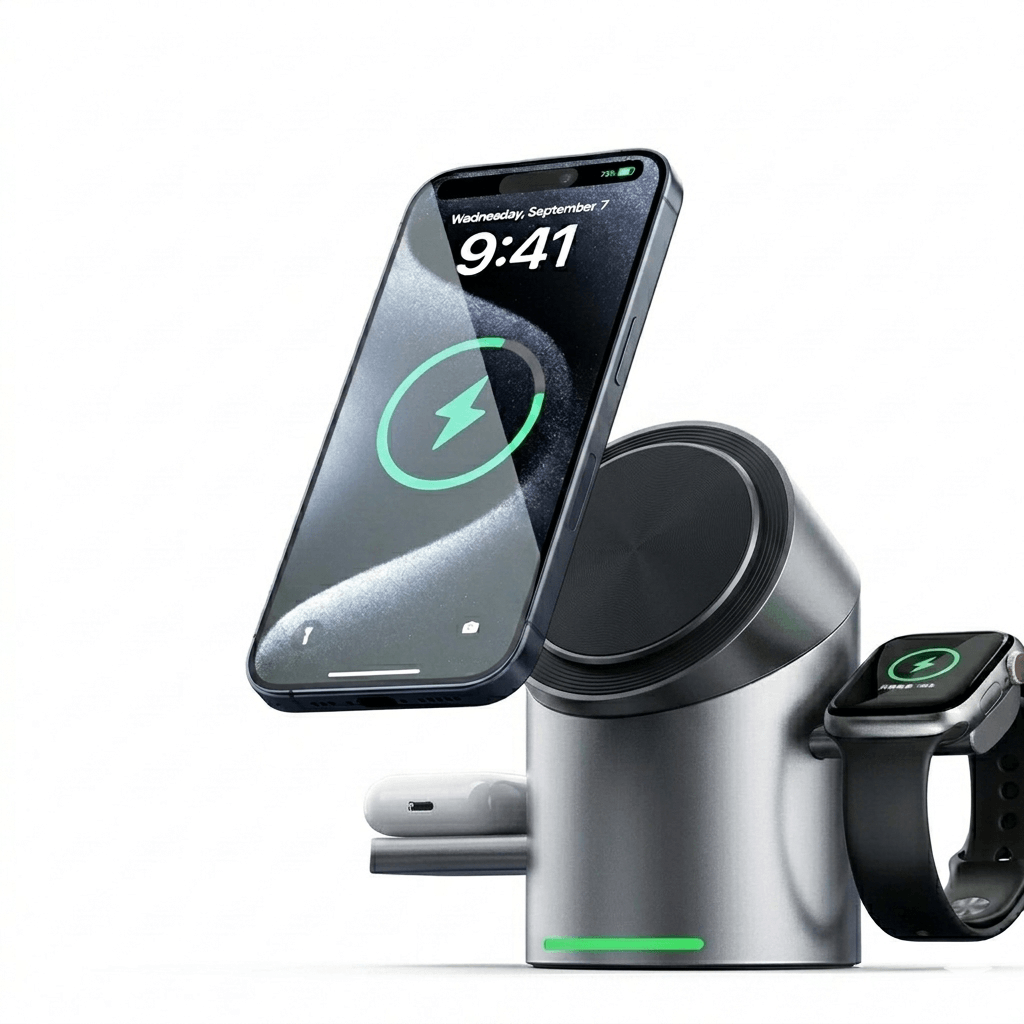 3 in 1 Wireless Charging Station with MagSafe Compatibility – Fast Charging Dock for iPhone, Apple Watch & AirPods