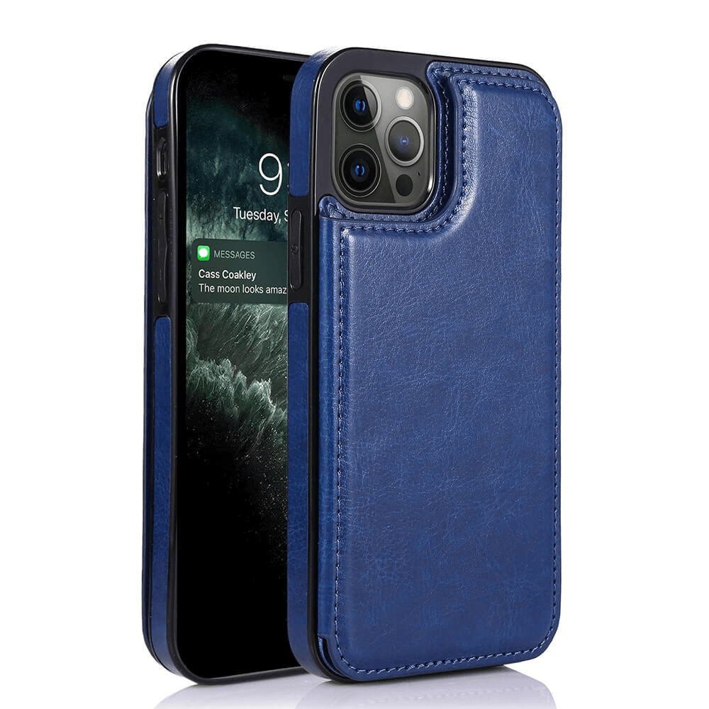 iPhone 15 Pro Max Compatible Case Cover With Back Flip Leather Wallet - Blue