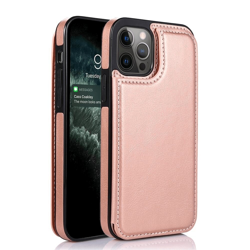 iPhone 15 Pro Max Compatible Case Cover With Back Flip Leather Wallet - Rose Gold