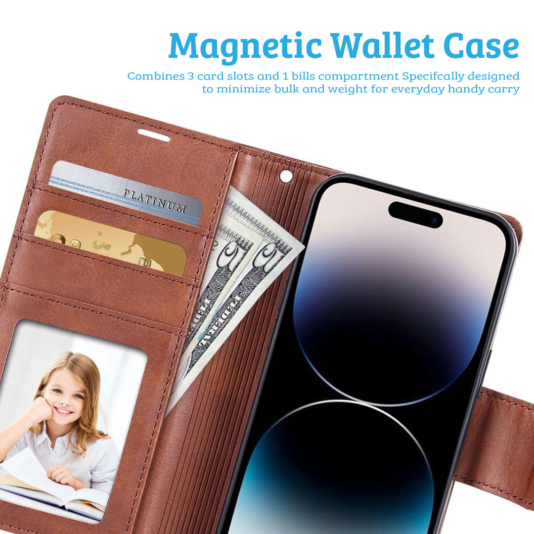 iPhone 16 Magnetic Flip Wallet Case Cover with Drop-Resistant PU Leather, Multiple Card Holder Slots & Secure Front Screen Cover - Black