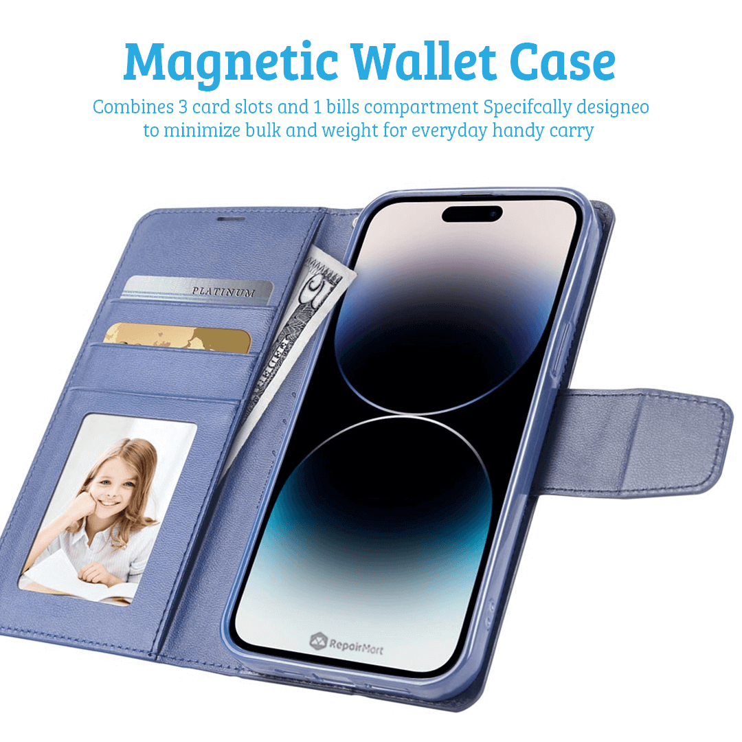 iPhone 14 Pro Max Compatible Case Cover With PU Flip Leather Wallet - Navy