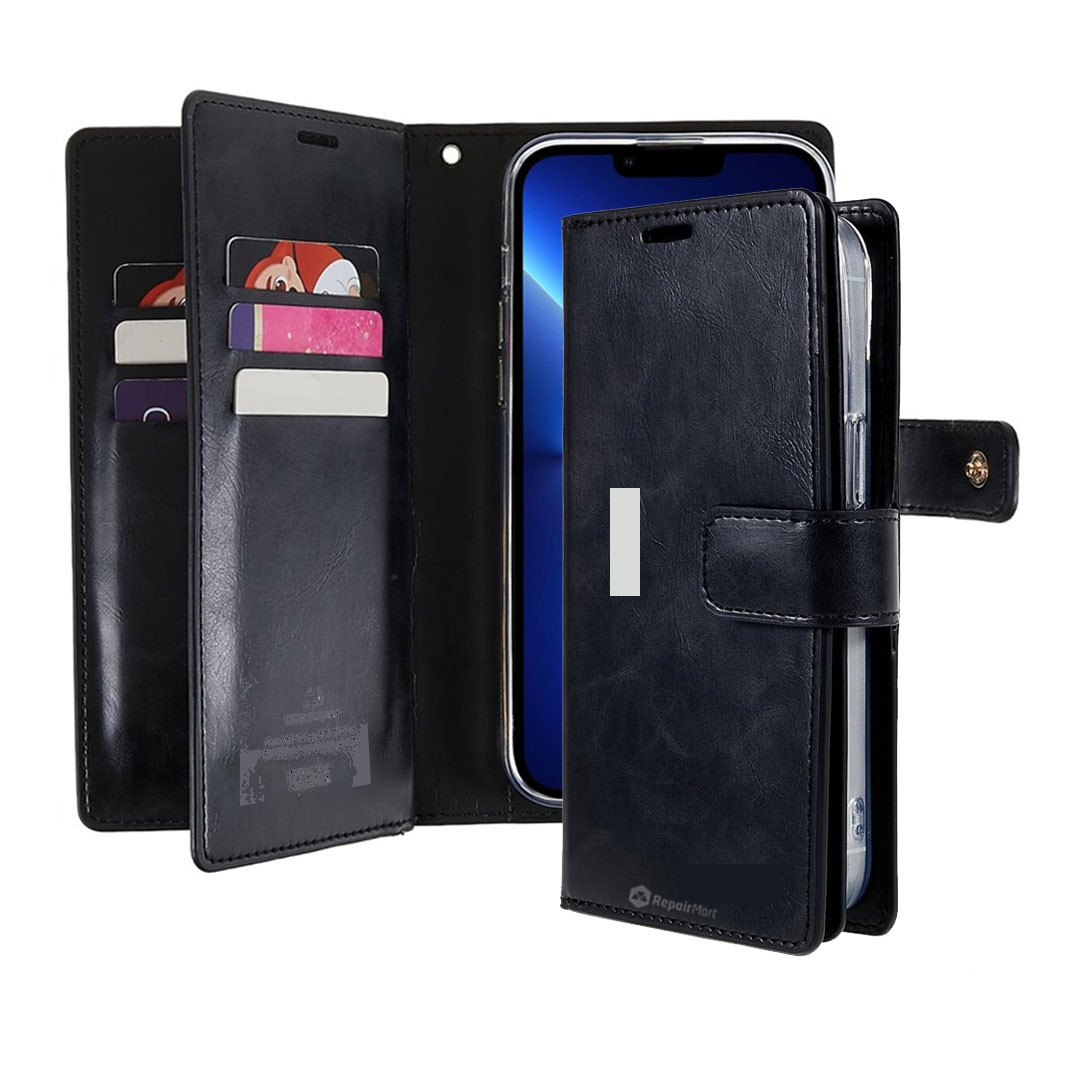 iPhone 16 Plus Flip Wallet Case Cover with Metal Snap-On Fastener: PU Leather & TPU Featuring Front Cover, Multiple Card Holder Slots & Shock Resistance - Black