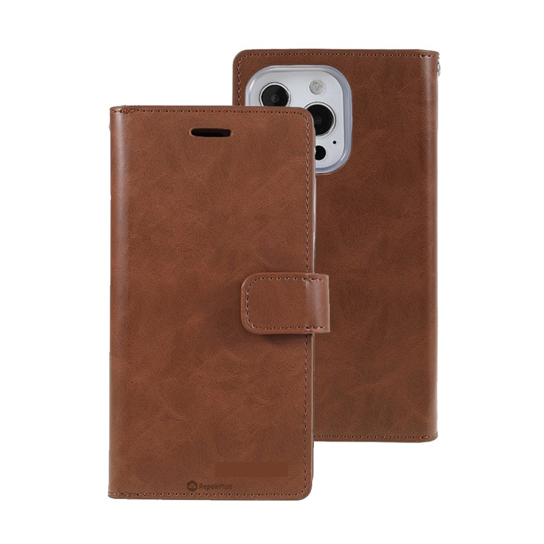 iPhone 16 Plus Flip Wallet Case Cover with Metal Snap-On Fastener: PU Leather & TPU Featuring Front Cover, Multiple Card Holder Slots & Shock Resistance - Brown