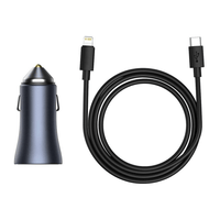Thumbnail for Baseus Golden Contactor Pro Dual Quick Charger Car Charger U+C 40W (With Simple Wisdom Data Cable Type-C to iP 1m)-Dark Grey