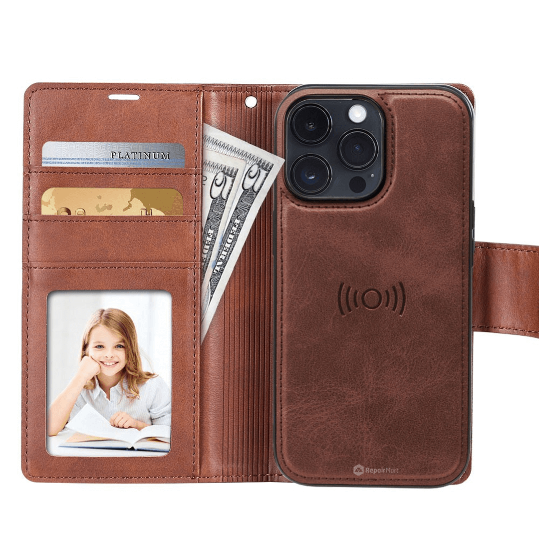 iPhone 15 Pro Compatible Case Cover With Leather Flip Wallet - Rose Gold