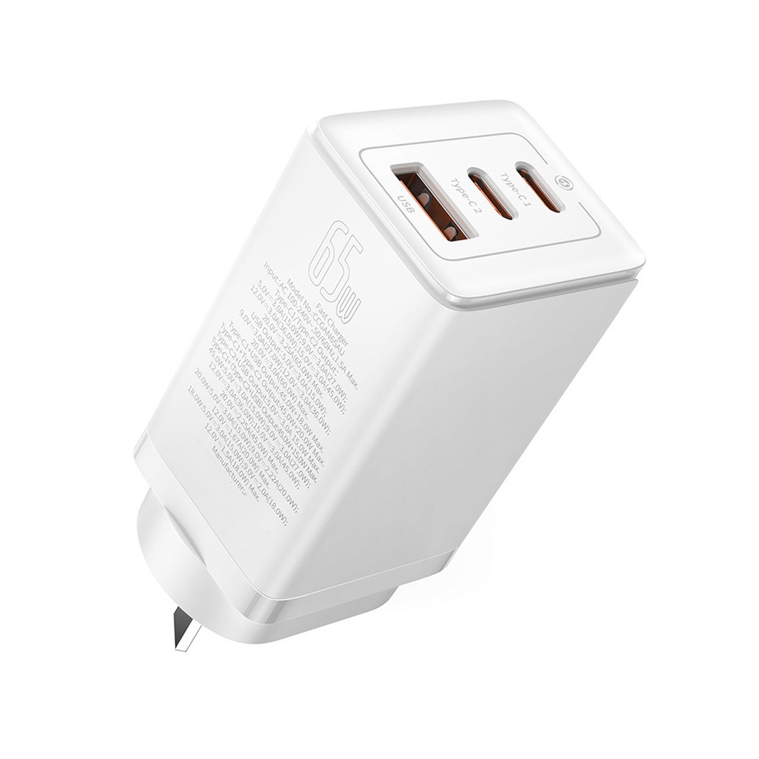 65W Fast Charger with 2 USB-C Ports, 1 USB Port - Moon White