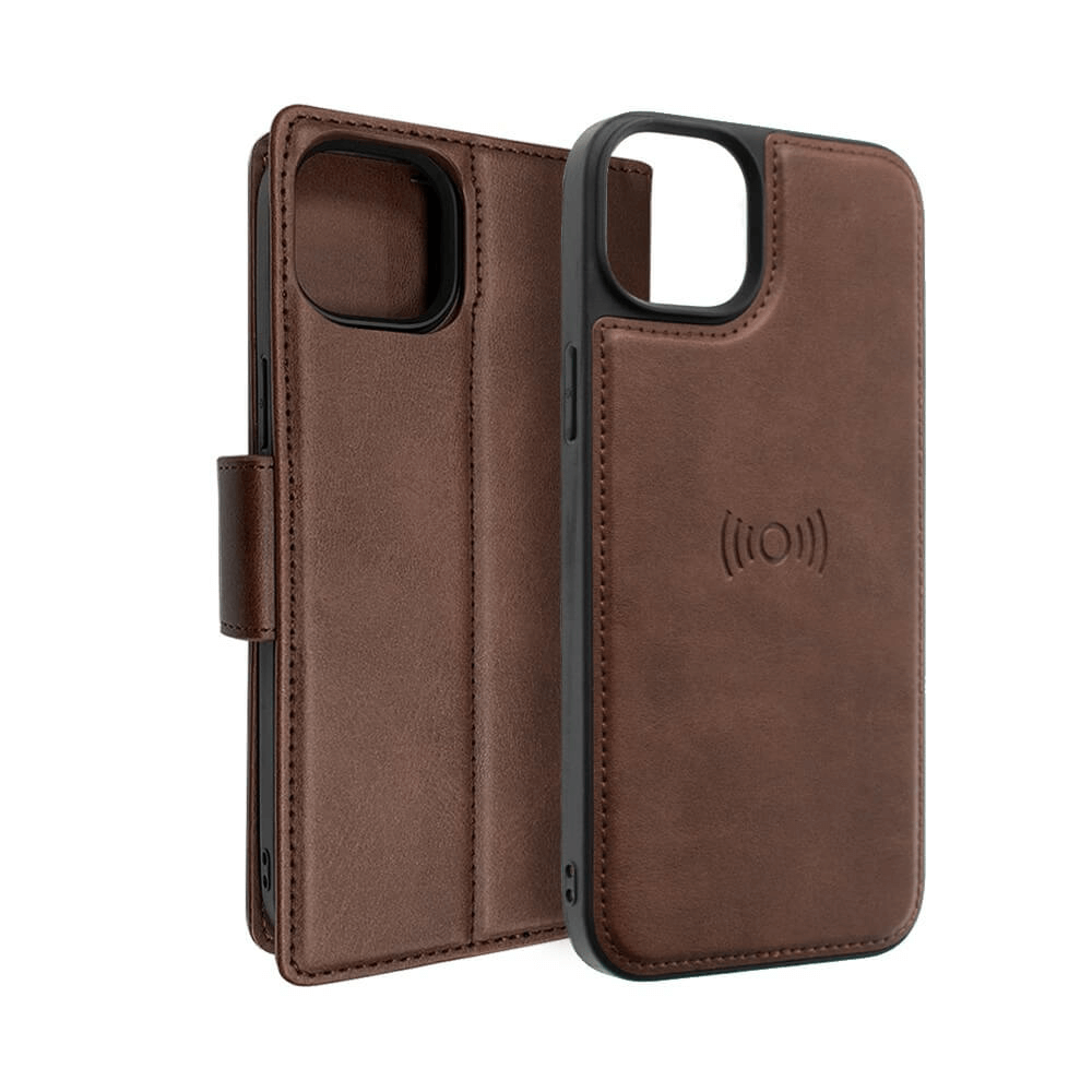 iPhone 14 Plus Compatible Case Cover with a 2-in-1 Detachable Magnetic Flip Leather Wallet in Brown