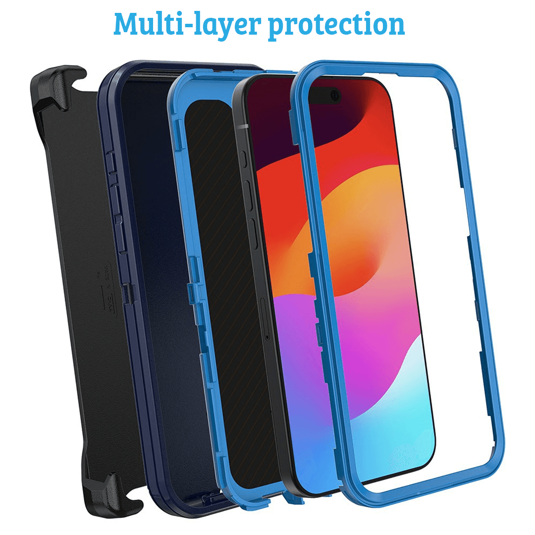 iPhone 15 Plus Rugged Armour Case Cover with 360° Rotation, Belt Clip, and Kickstand - Tough and Shockproof Protection - Navy