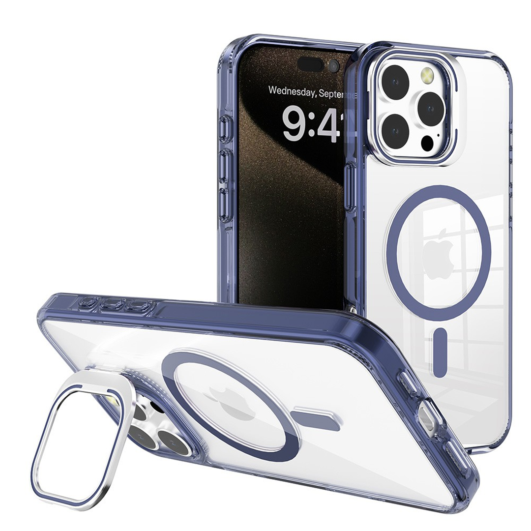 iPhone 16 Plus Lens Flip Stand Case Cover: Transparent, Magsafe Compatible, Durable Design - Navy