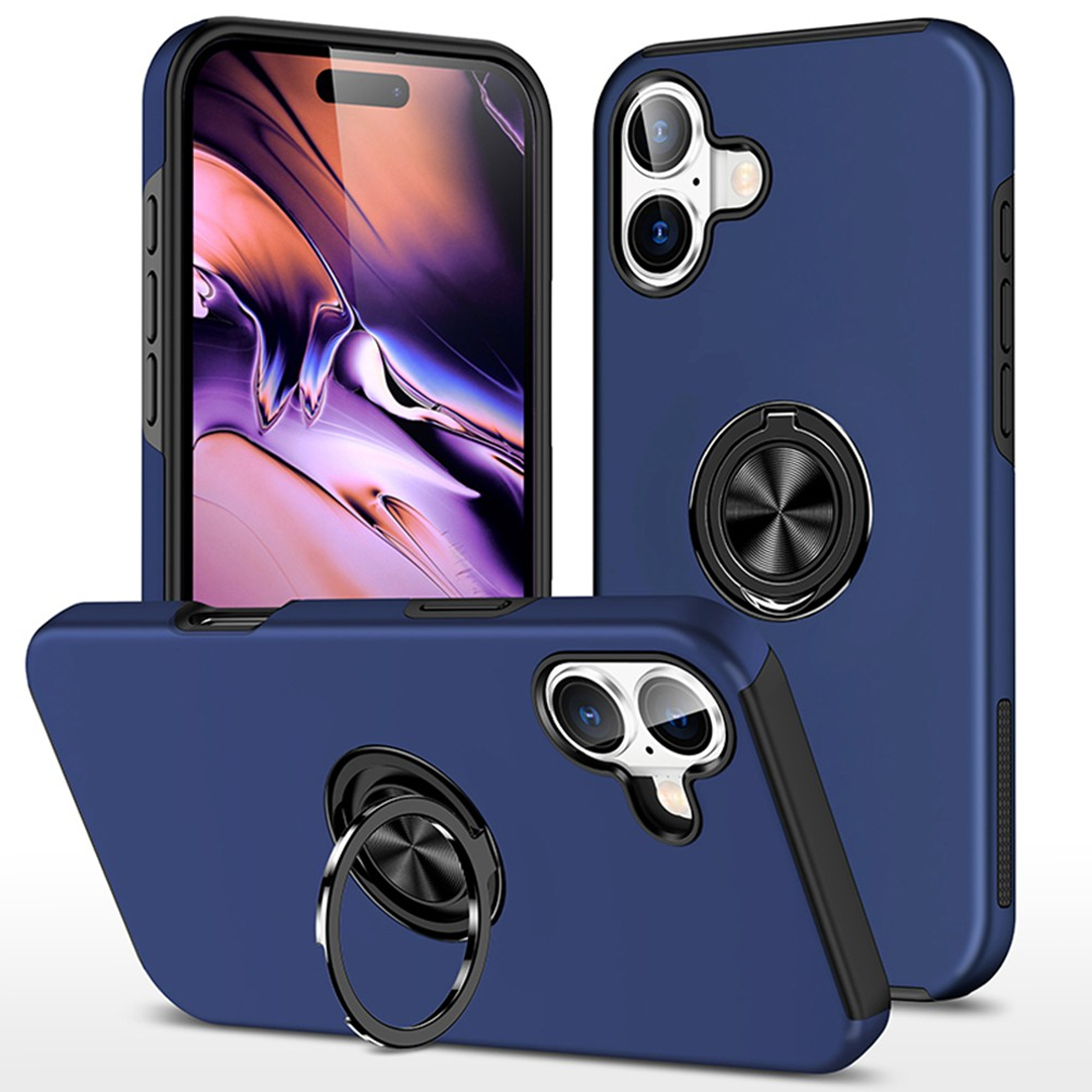 iPhone 16 Plus Comprehensive Protection Case Cover with Magnetic Ring Holder: Anti-Shock, Anti-Falling - Navy