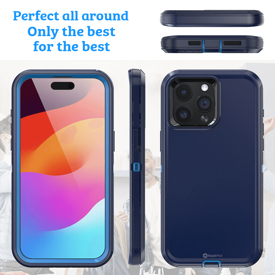 iPhone 15 Plus Rugged Armour Case Cover with 360° Rotation, Belt Clip, and Kickstand - Tough and Shockproof Protection - Navy