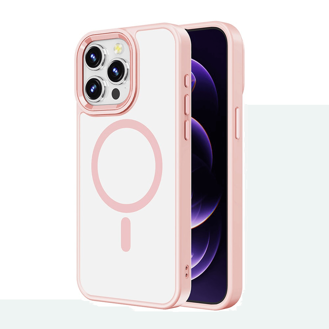 iPhone 15 Pro Compatible Case Cover With Transparent Magnetic Metal Camera Lens Compatible With Magsafe Technology - Pink