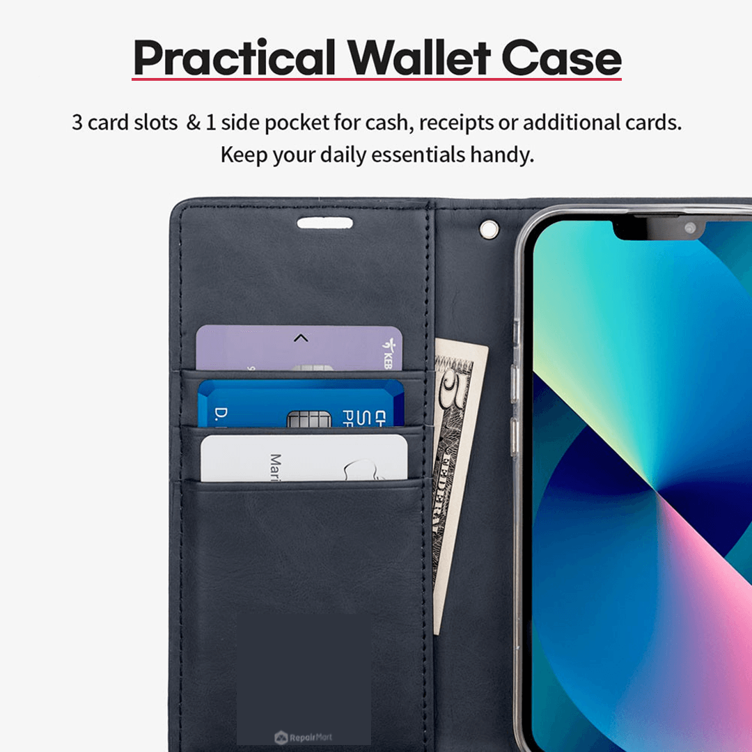 iPhone 15 Pro Flip Diary Case Cover with Card Holder - Convertible to Media Stand, Magnetic Clasp Closure, Drop Tested, Soft and Strong PU Leather with Front Screen Cover  - Navy