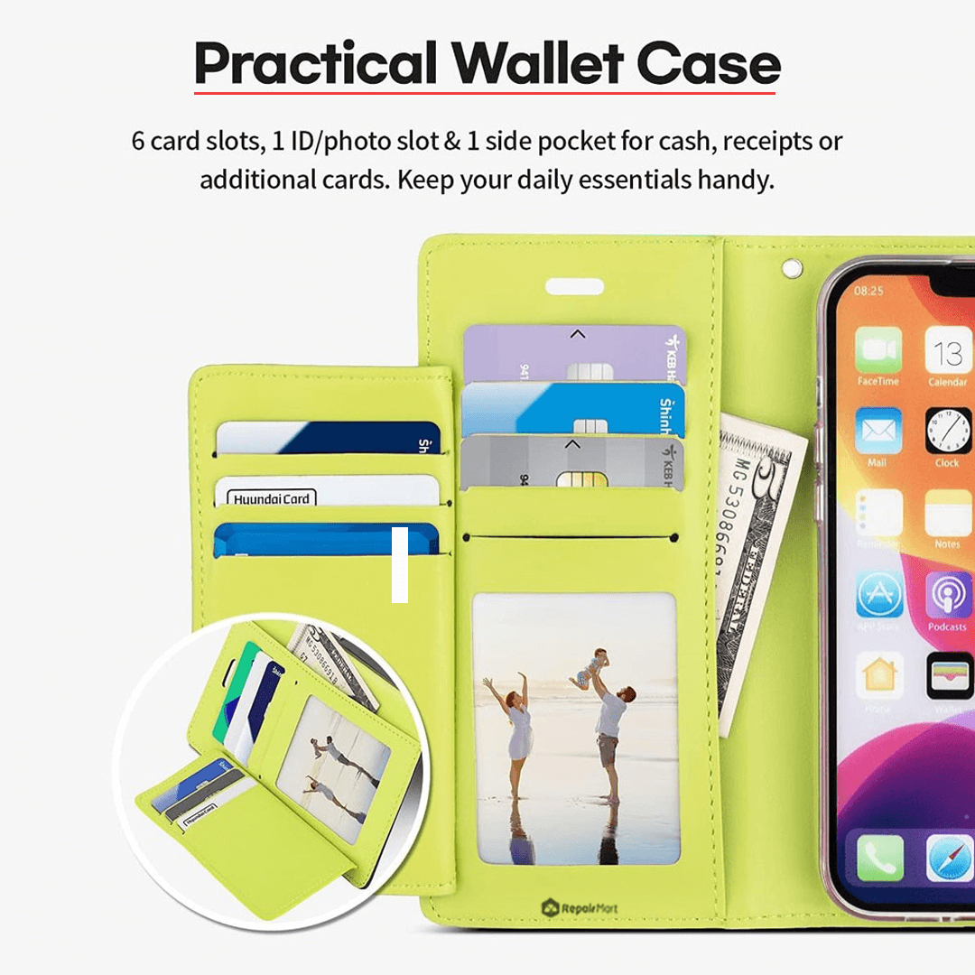 iPhone 15 Plus High-Quality Leather Flip Wallet Case Cover - Shock-Resistant with Front Cover, Multiple Card Slots, Magnetic Closure and Media Stand Convertible - Navy