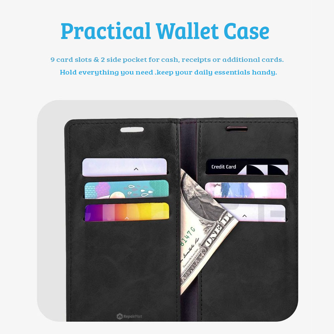iPhone 16 Pro Wallet Case Cover with Metal Snap-On Fastener: PU Leather & TPU Featuring Front Cover, Multiple Card Holder Slots & Shock Resistance - Brown