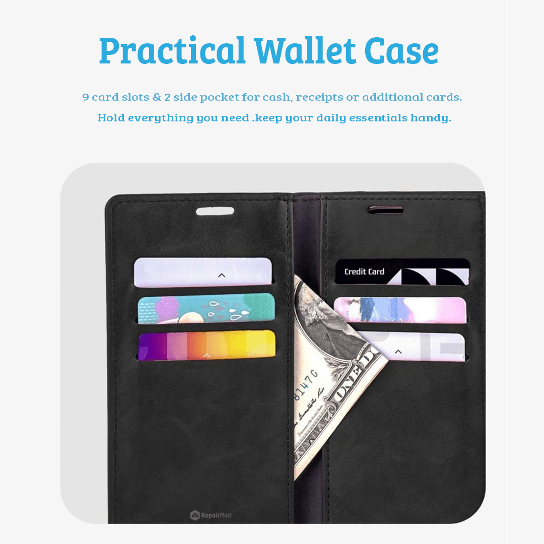 iPhone 16 Pro Max Flip Wallet Case Cover with Metal Snap-On Fastener: PU Leather & TPU Featuring Front Cover, Multiple Card Holder Slots & Shock Resistance - Black