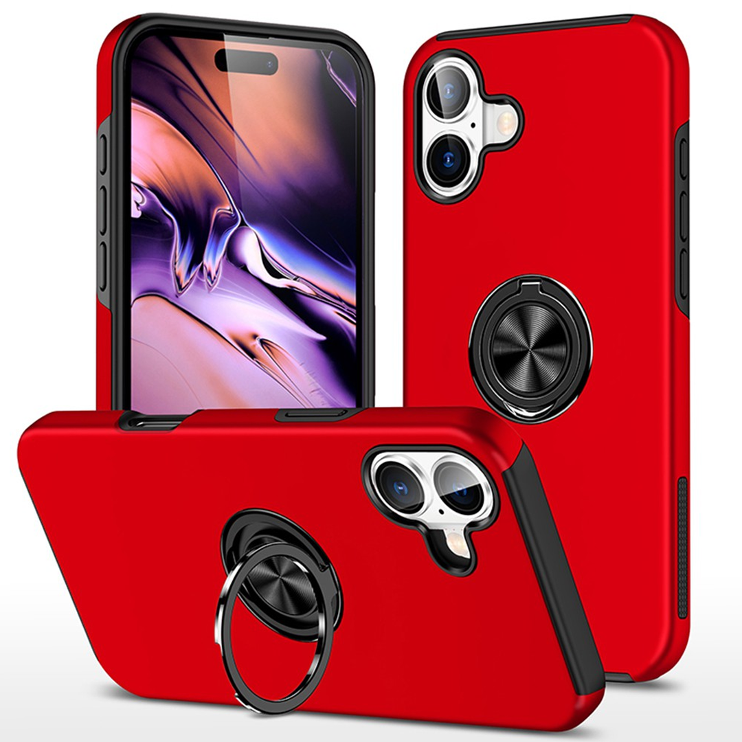 iPhone 16 Plus Comprehensive Protection Case Cover with Magnetic Ring Holder: Anti-Shock, Anti-Falling - Red