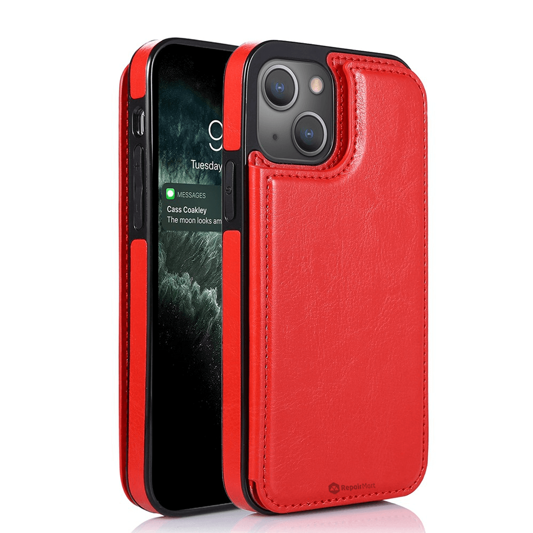 iPhone 15 Compatible Case Cover With Back Flip Leather Wallet - Red