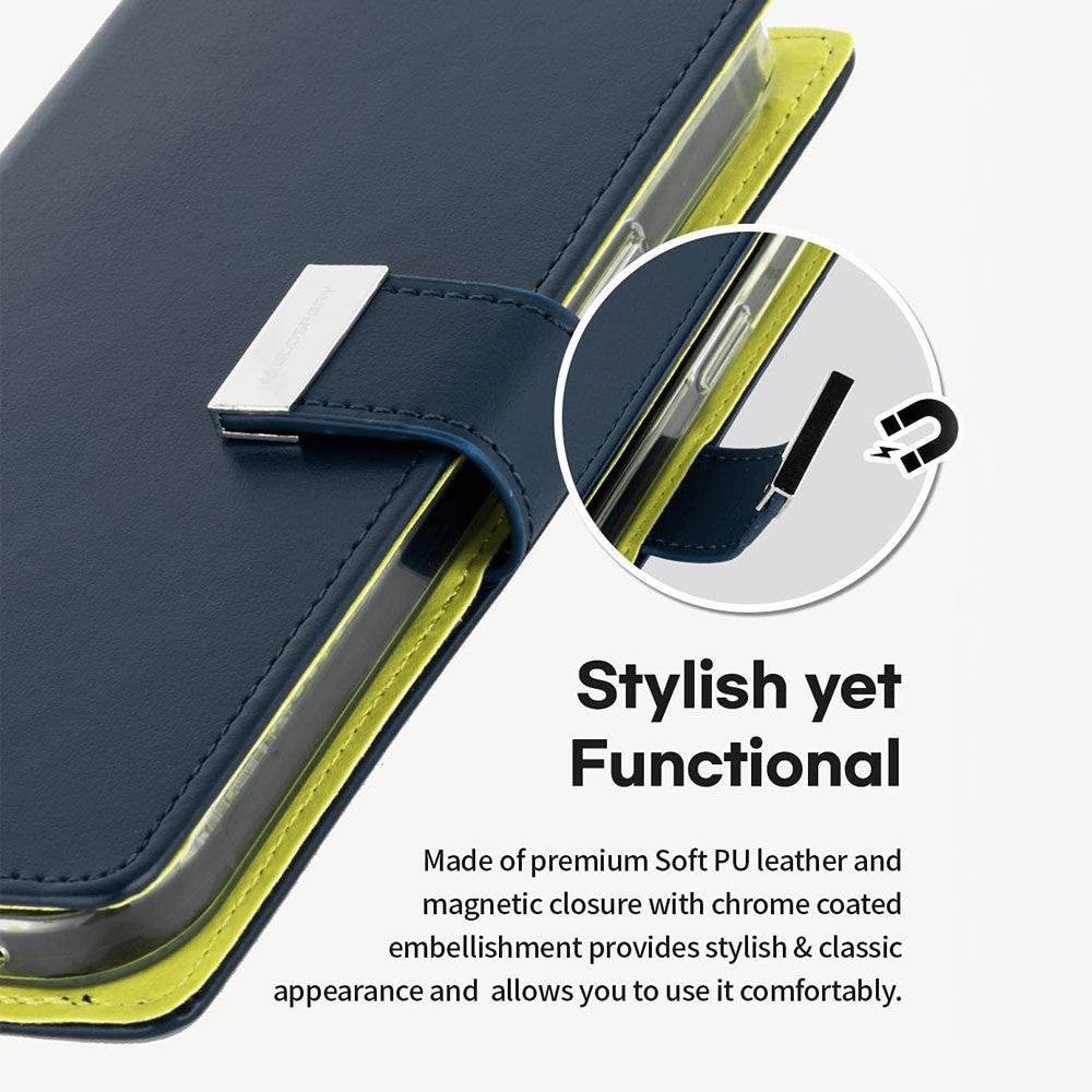 iPhone 15 Plus High-Quality Leather Flip Wallet Case Cover - Shock-Resistant with Front Cover, Multiple Card Slots, Magnetic Closure and Media Stand Convertible - Navy