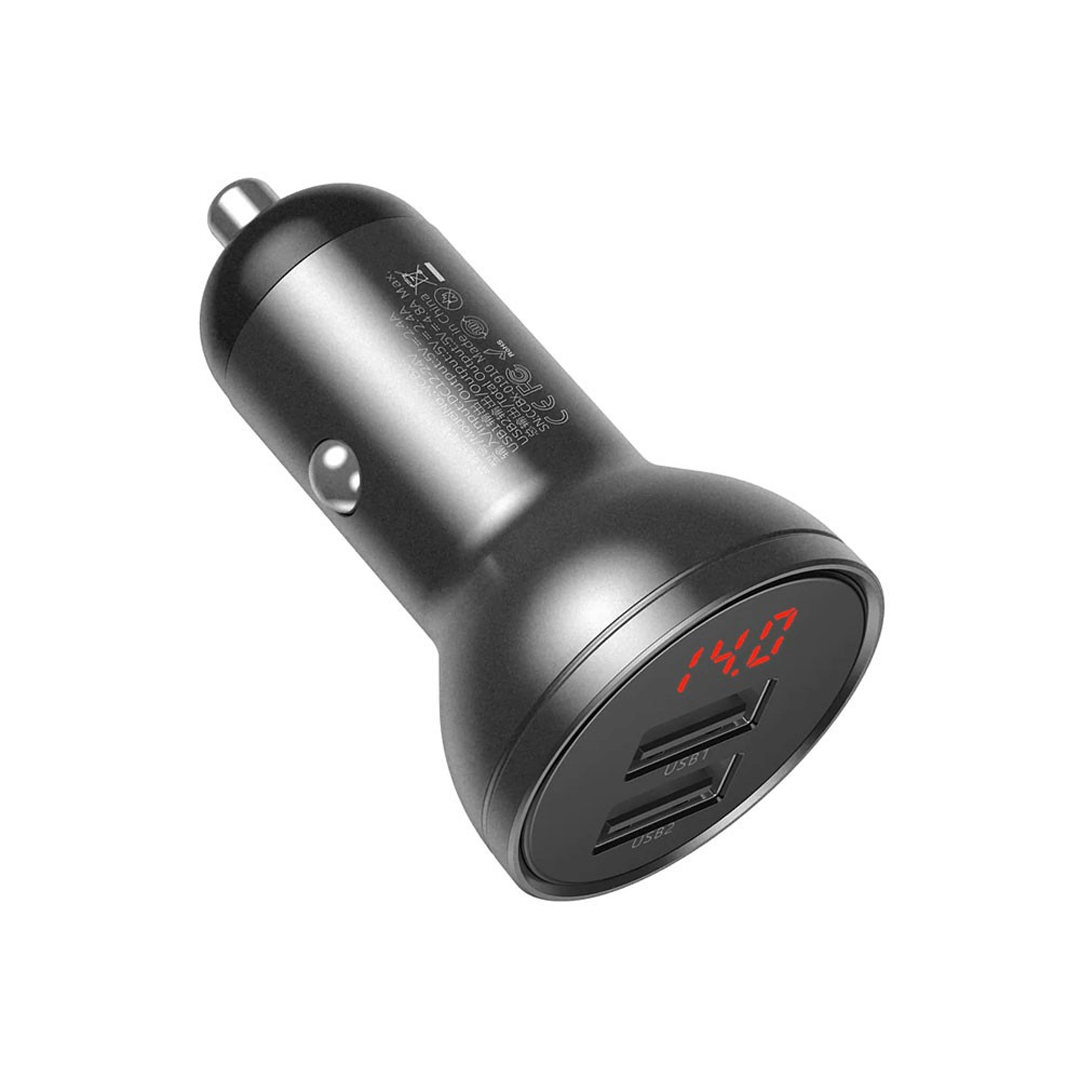 Digital Display Dual USB 4.8A Car Charger 24W - Effortless Charging for Your Journey-Grey